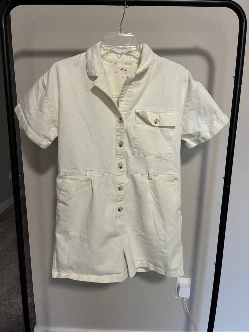 Boheme Cream Short-Sleeve Button-Front Romper